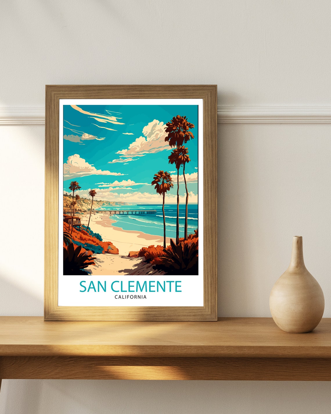 San Clemente California Beach Palms Pier Sunset Travel Poster - Image 2