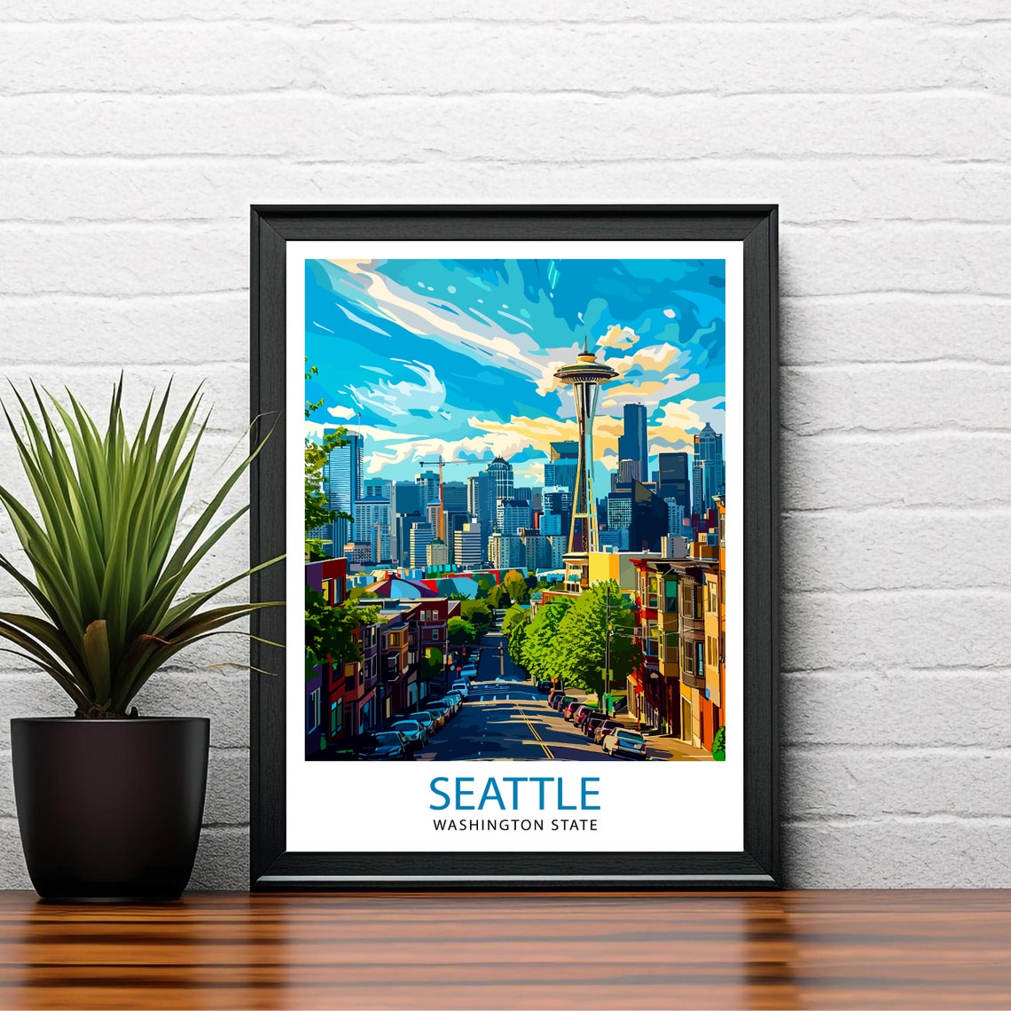 Seattle Washington Space Needle Downtown Street Scene Poster - Image 2