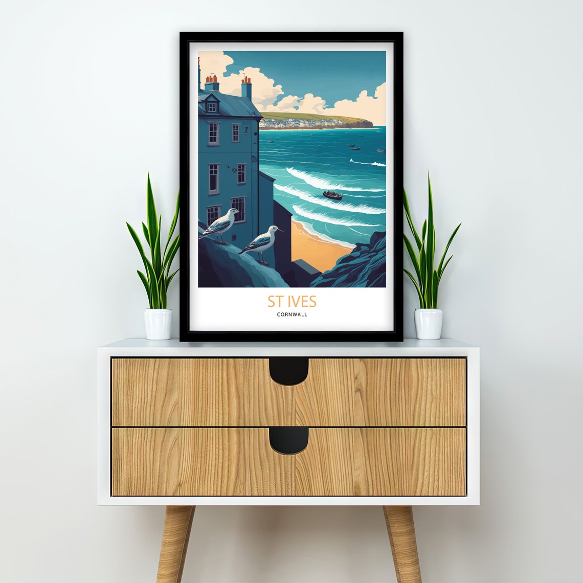St Ives Cornwall Seaside Town Gulls and Surf Coastal Town Art Poster - Image 2