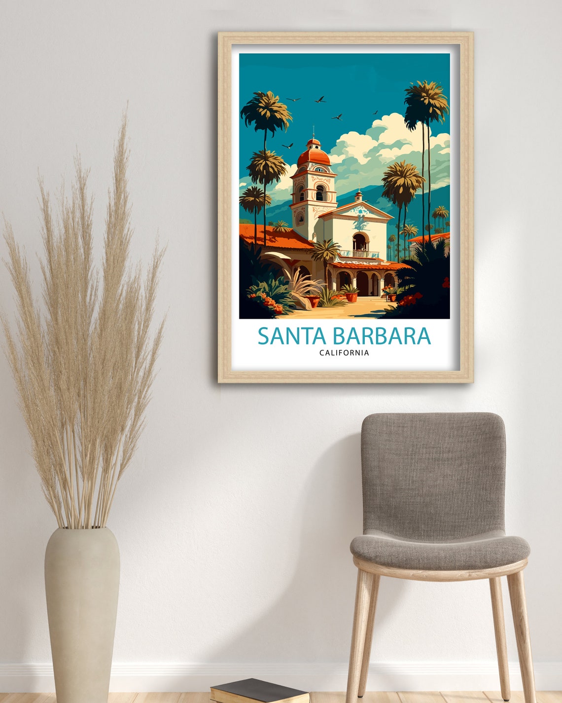 Santa Barbara California Mission Style Building Palms Poster - Image 3