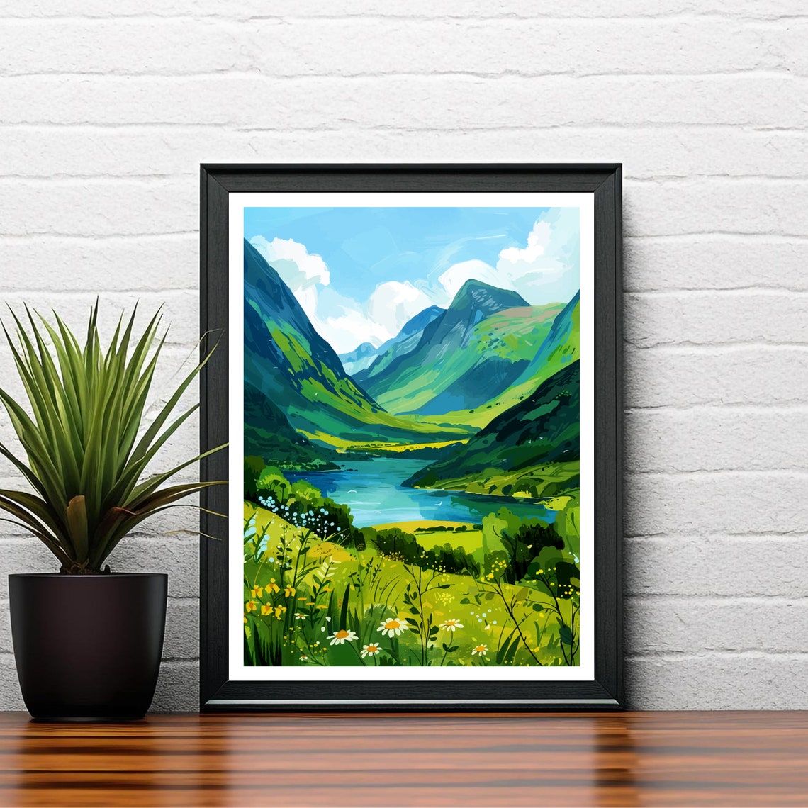 Glencoe Scotland Green Valley Loch Wildflowers Mountain Poster - Image 2