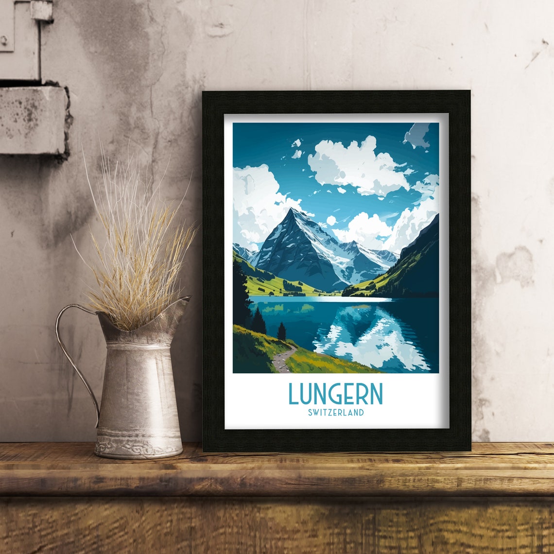 Lungern Switzerland Alpine Lake Mountain Retro Travel Poster - Image 3