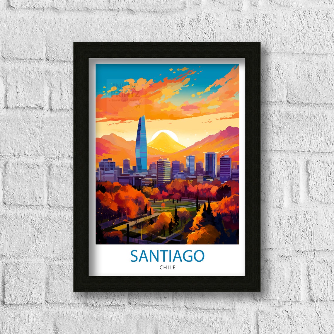 Santiago Chile Glowing Skyline at Sunset With Mountain Peaks Poster - Image 3