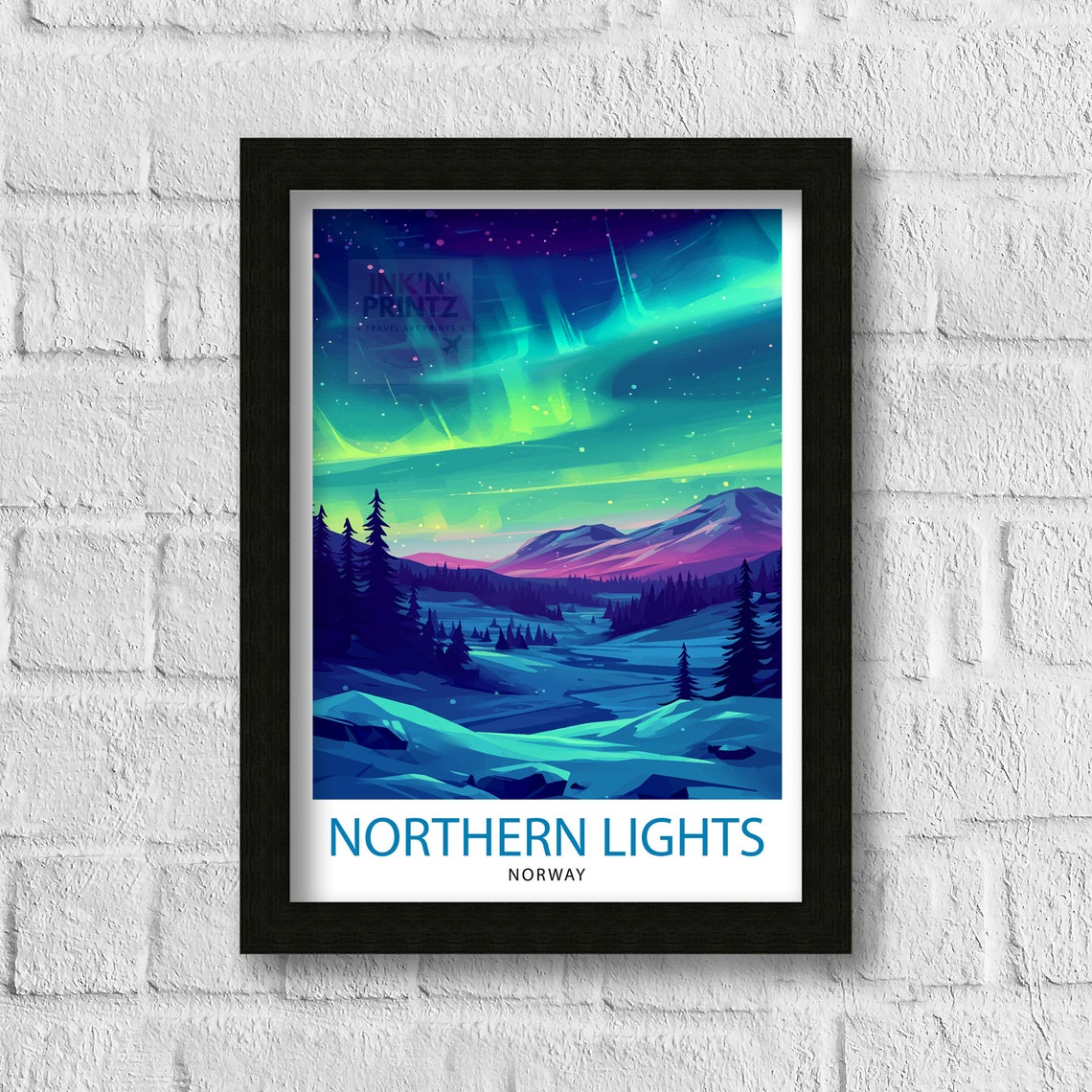 Northern Lights Norway Aurora Snowy Mountains Night Travel Poster - Image 3