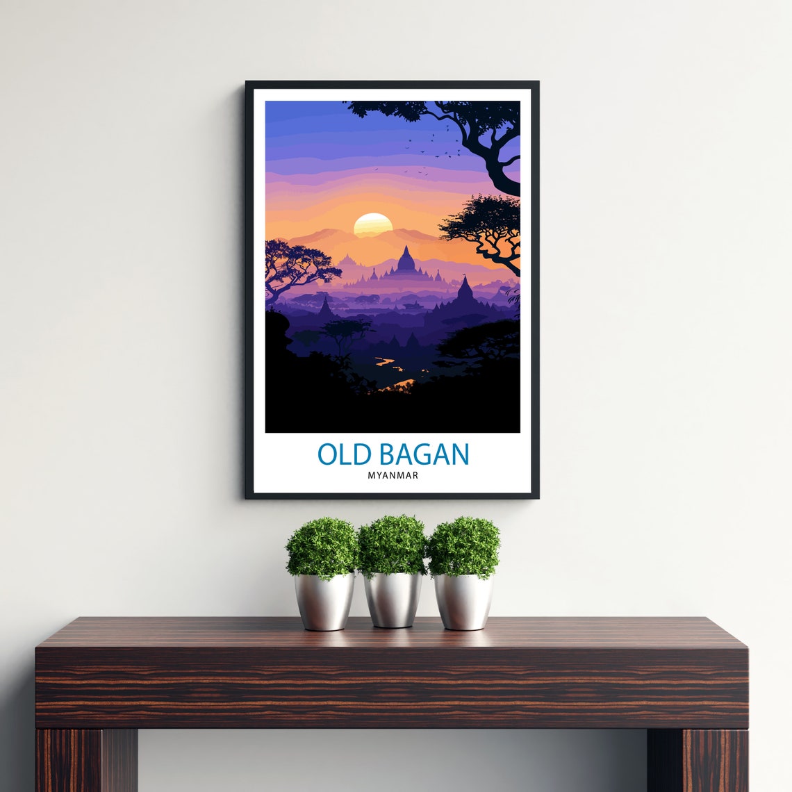 Old Bagan Myanmar Temple Sunset Silhouette Travel Art Poster - Image 3