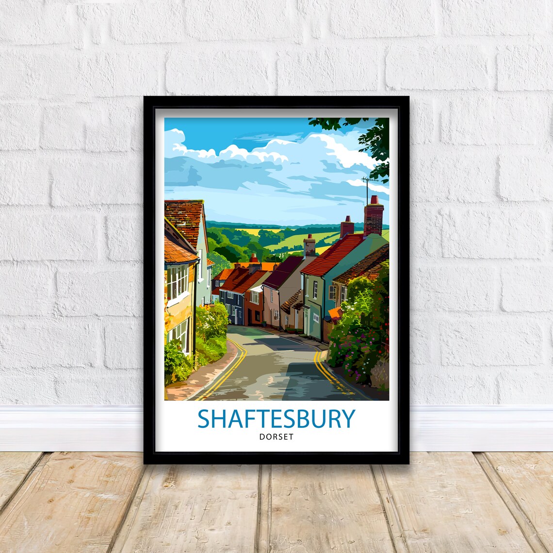 Shaftesbury Dorset Steep Cobbled Street Cottages Vintage Travel Poster