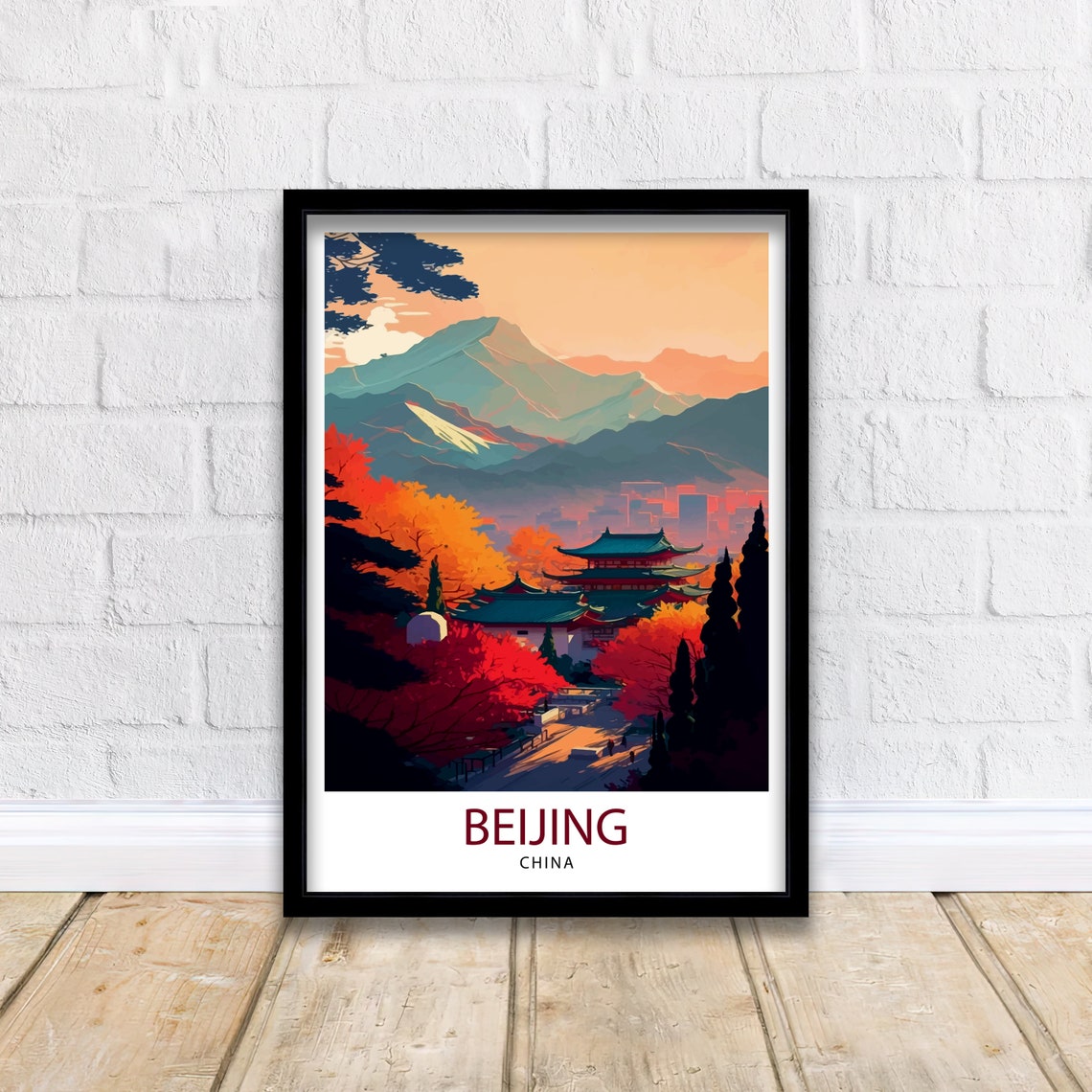 Beijing China Temple Pavilion Autumn Mountains Travel Poster - Image 2