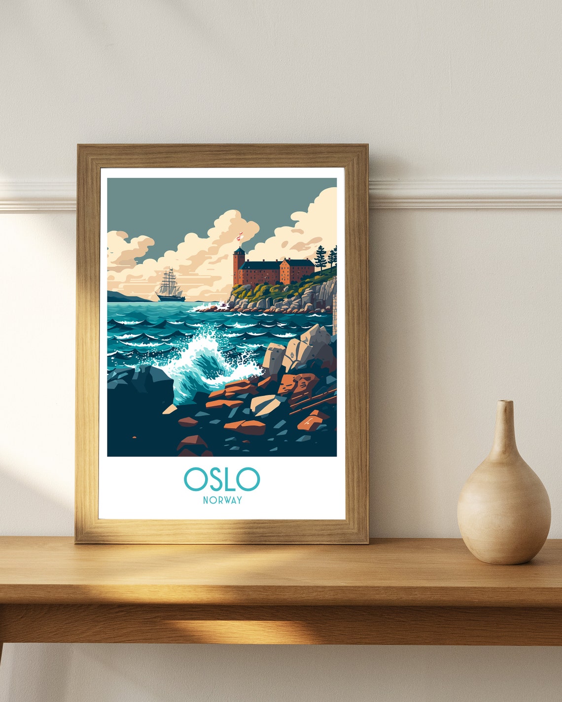 Oslo Norway Coastal Fortress Tall Ship Crashing Waves Travel Poster - Image 2