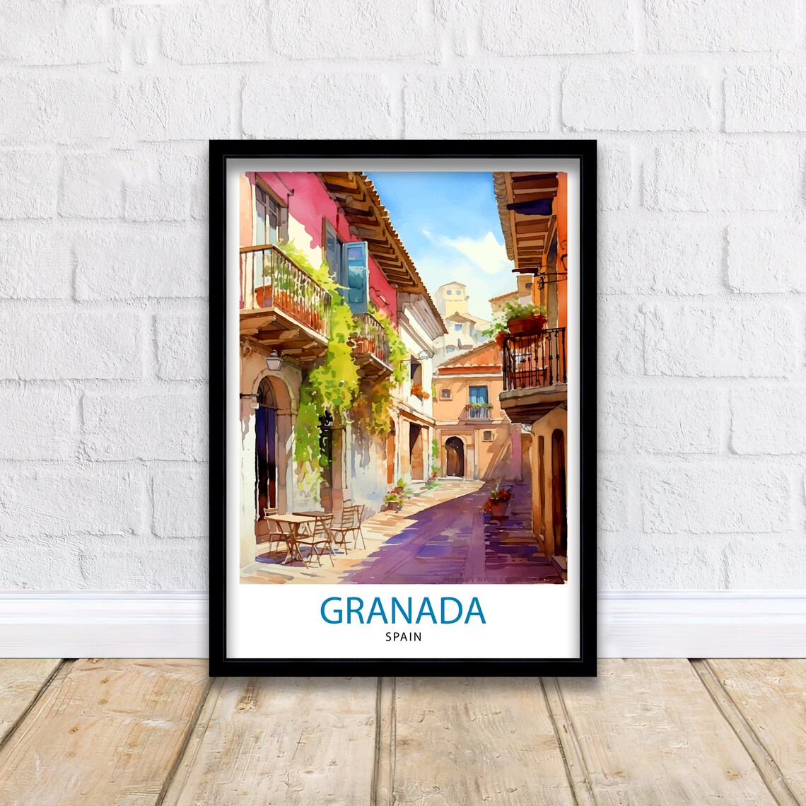 Granada Spain Watercolor Old Town Balconies Cafe Travel Poster - Image 2