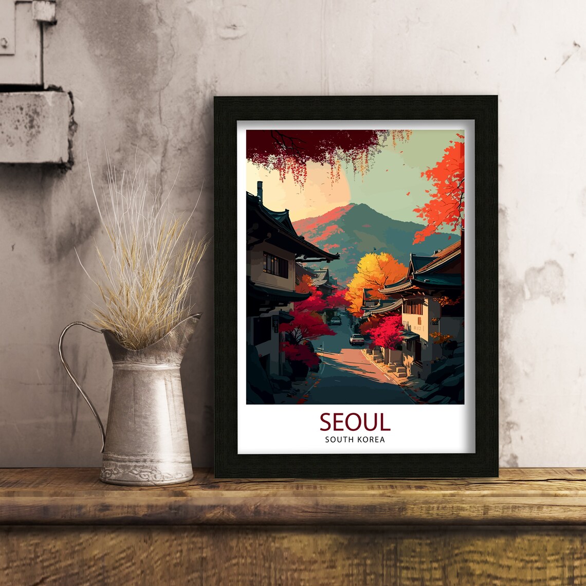 Seoul South Korea Autumn Street Hanok Houses Mountain Poster - Image 3