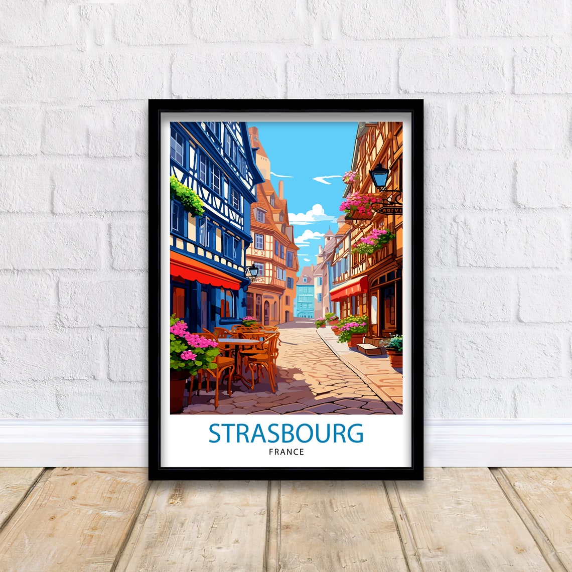 Strasbourg France Half Timbered Street Cafes Flowers Scene Poster - Image 2