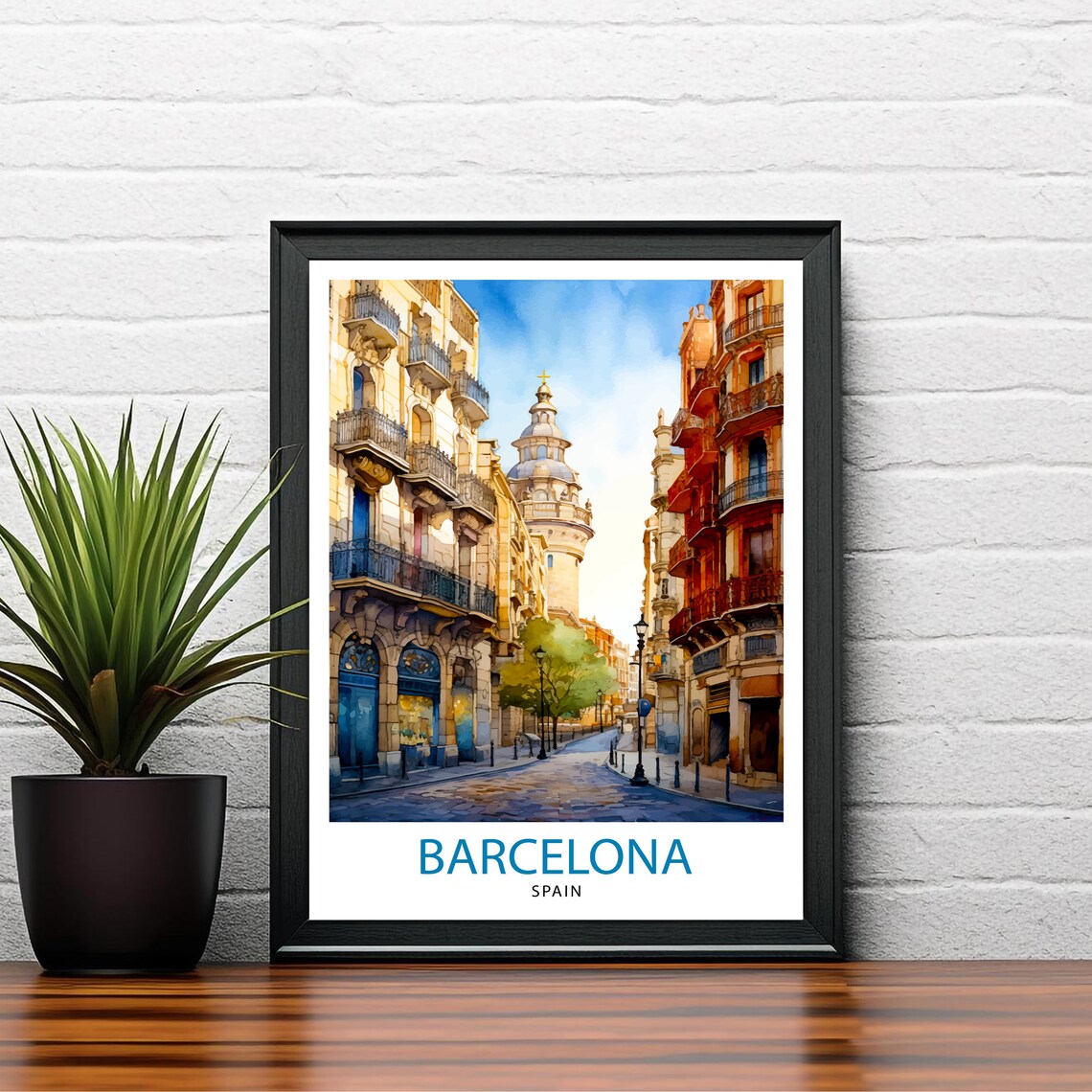 Barcelona Spain Old Town Cobblestone Street Watercolor Travel Poster - Image 2