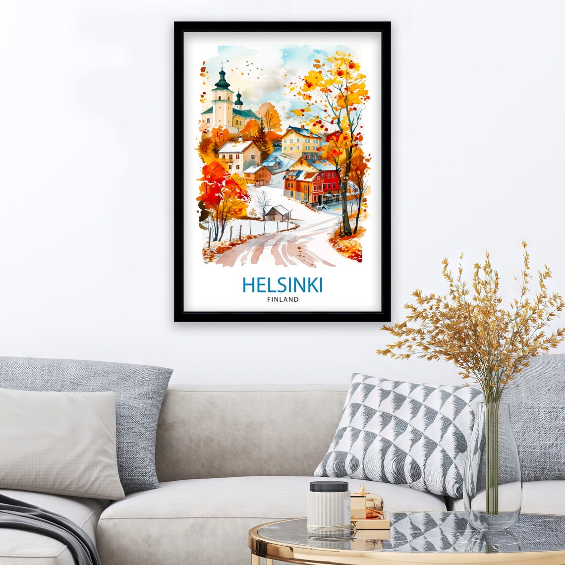 Helsinki Finland Winter Village Church Watercolor Travel Poster - Image 2