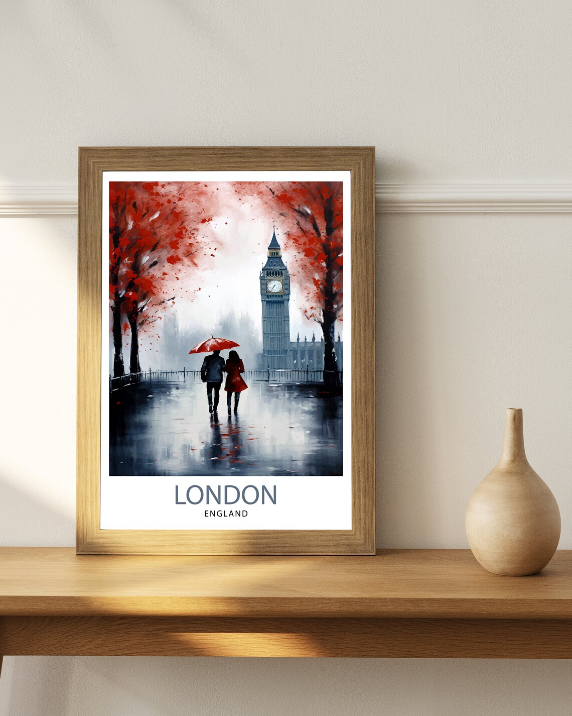 London England Big Ben Rainy Couple Artistic Vintage Travel Poster - Image 3