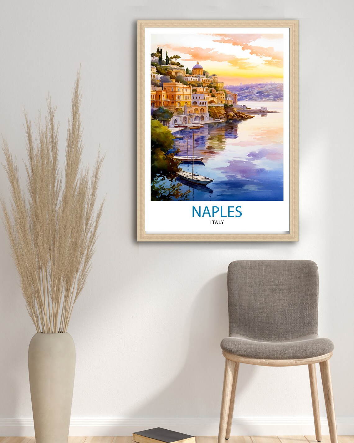 Naples Italy Waterfront Sunset Bay Boats Watercolor Travel Poster - Image 3
