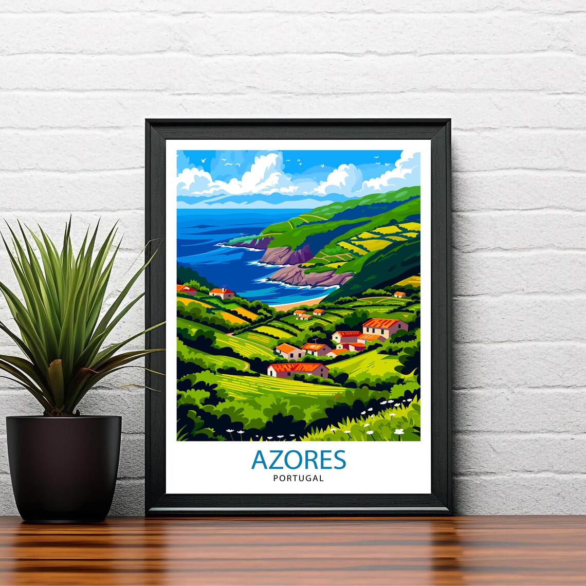 Azores Portugal Green Coastal Hills Island Village Travel Poster - Image 2