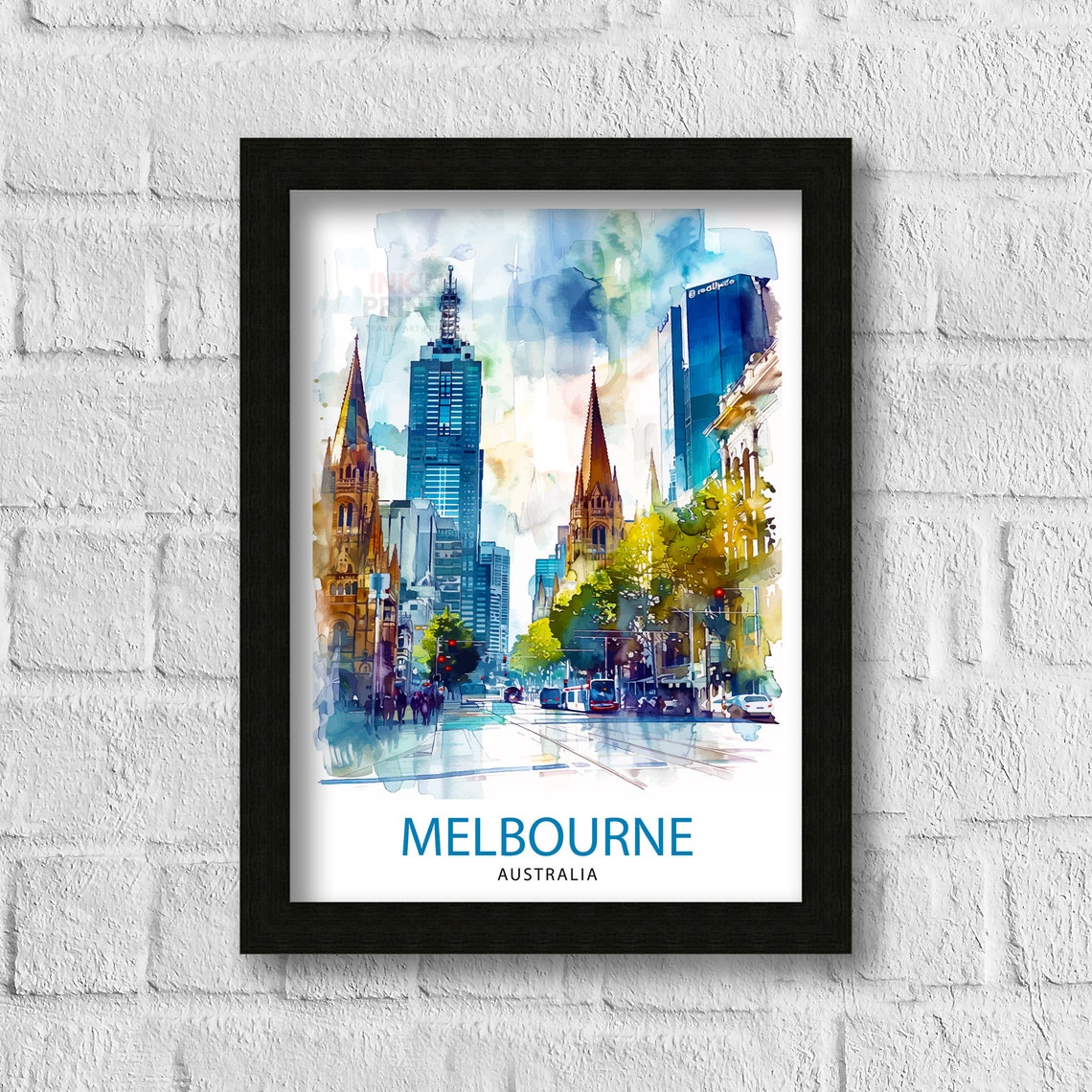 Melbourne Australia Watercolor Cityscape Street Scene Poster - Image 3