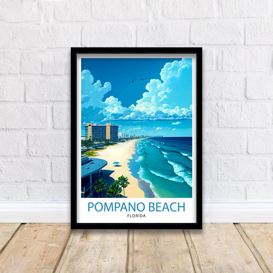 Pompano Beach Florida Palm Lined Shore Blue Sky Travel Poster - Image 2