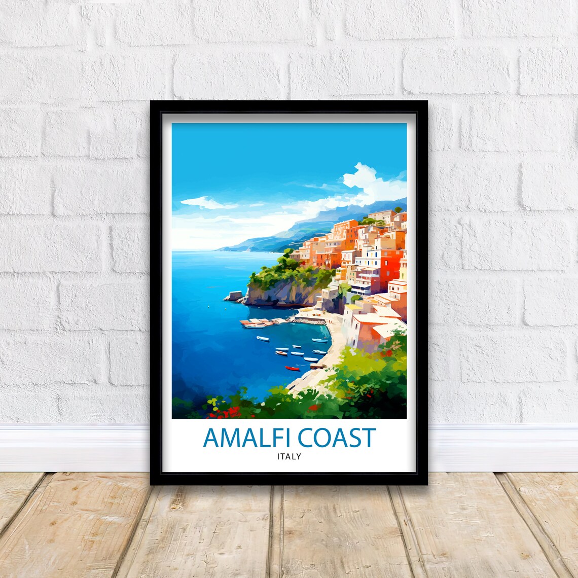 Amalfi Coast Italy Cliffside Village Blue Bay Boats Travel Poster