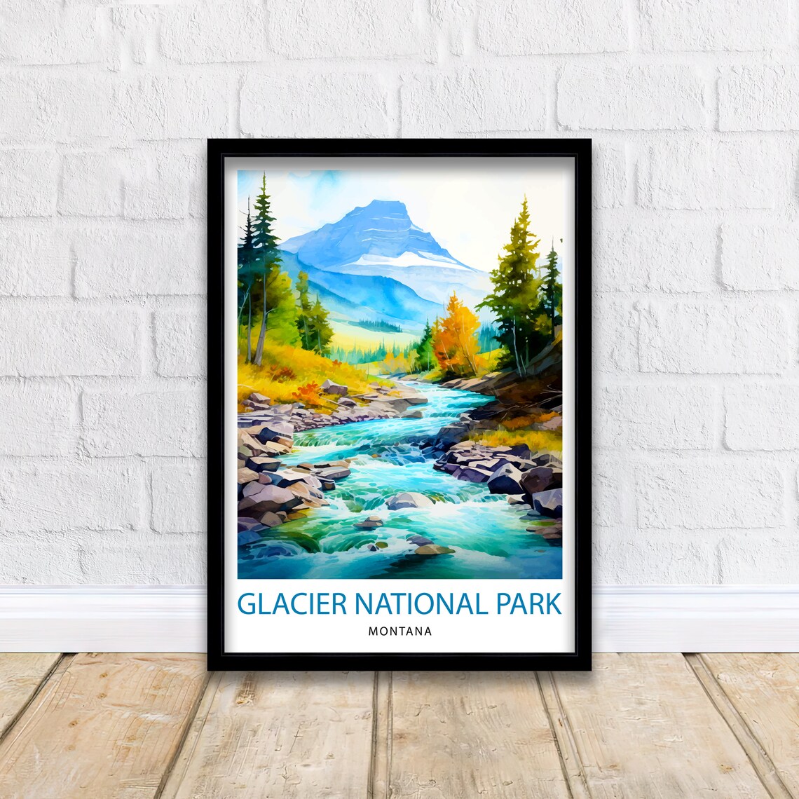 Glacier National Park Montana River Rapids Watercolor Travel Poster - Image 2