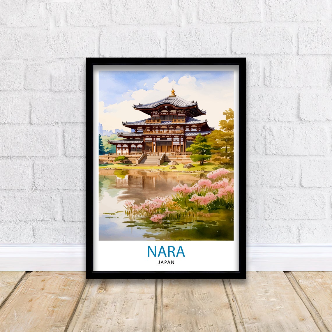 Nara Japan Temple Pagoda Cherry Blossom Lake Watercolor Poster - Image 2