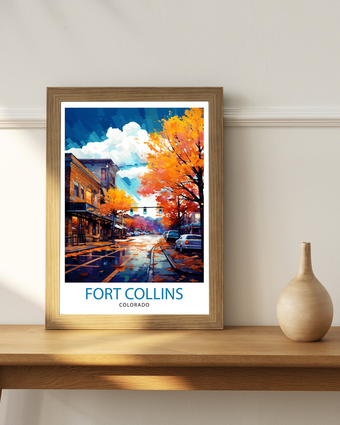 Fort Collins Colorado Golden Autumn Downtown Street Scene Poster - Image 2