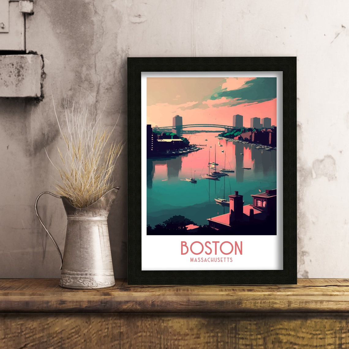 Boston Massachusetts Sunset Harbor Skyline Sailboat Art Poster - Image 3