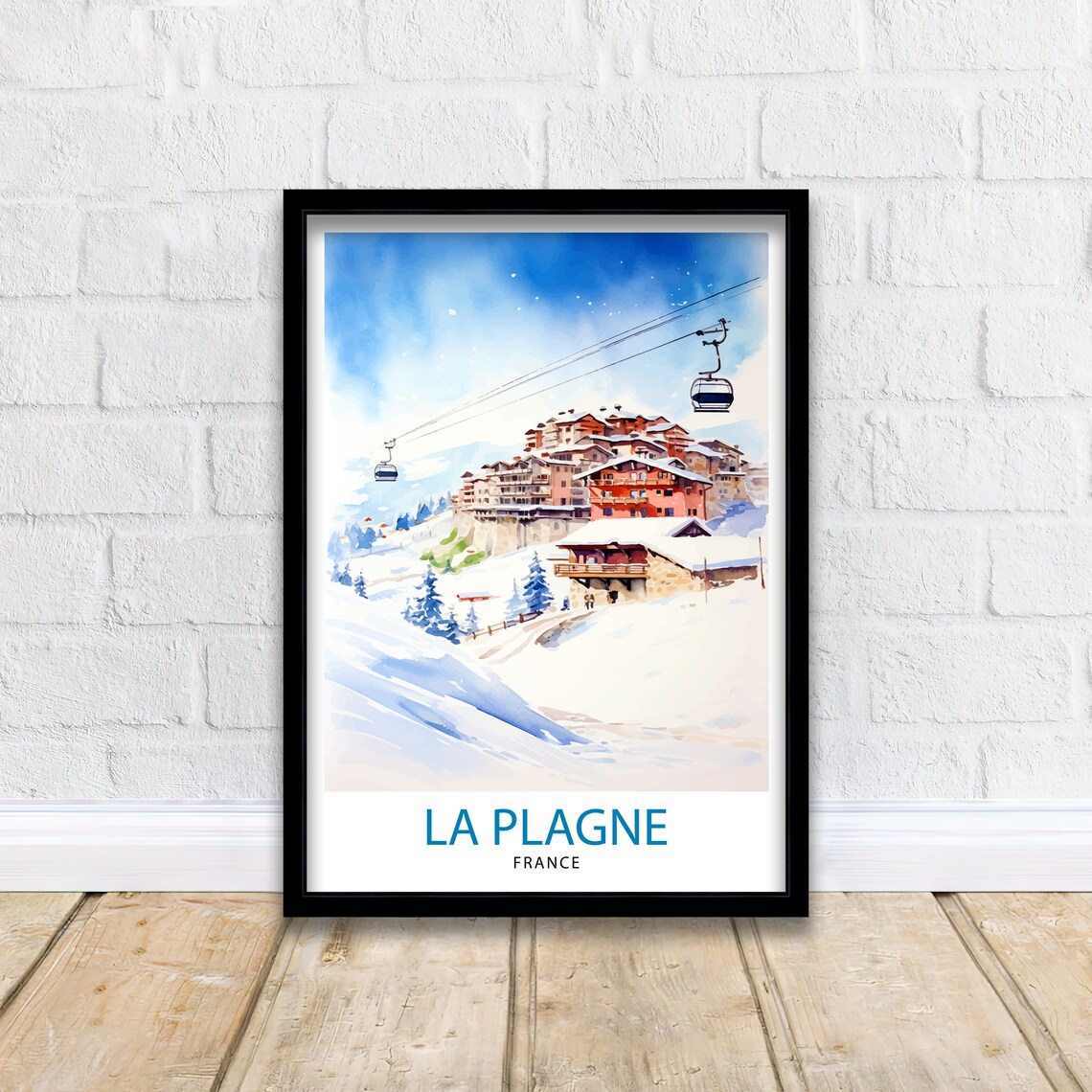 La Plagne France Watercolor Ski Resort Gondola Chalet Snow Art Poster - Image 2