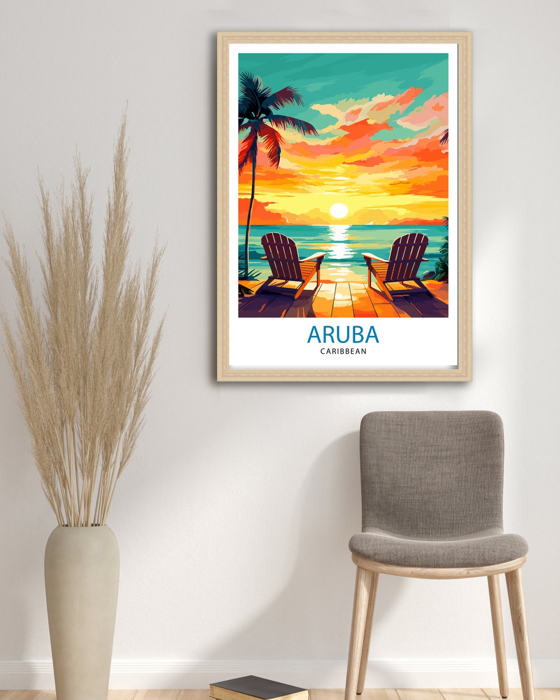 Aruba Caribbean Sunset Beach Lounge Chairs Palm Tropical Poster - Image 3