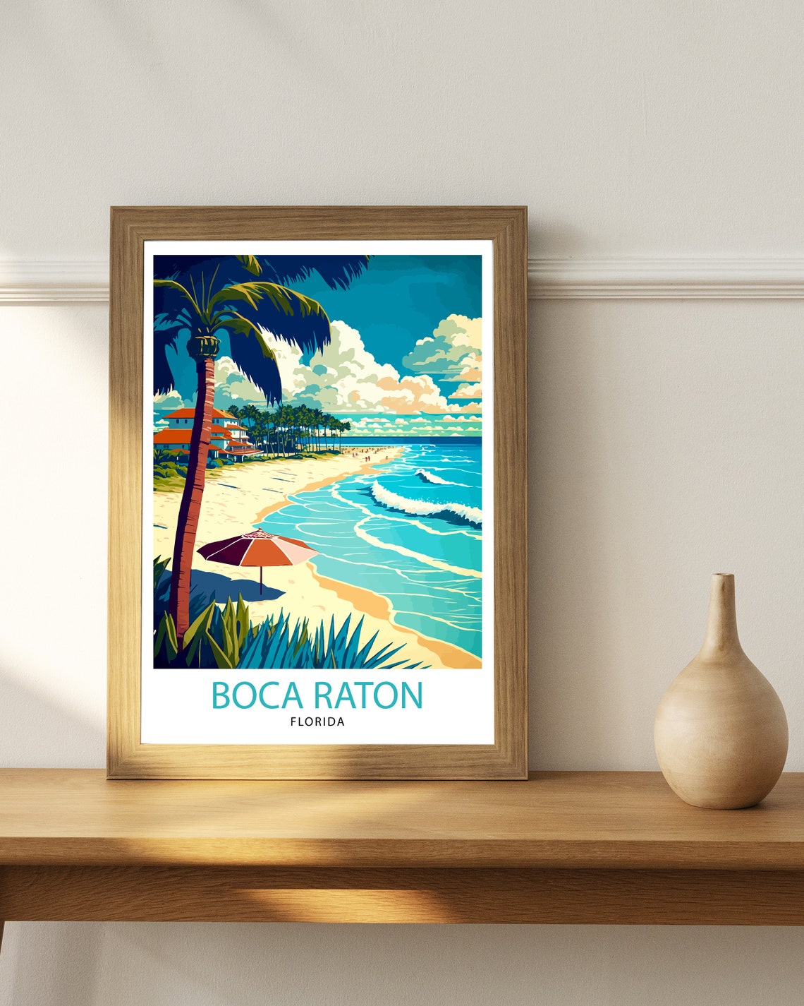 Boca Raton Florida Beach Travel Poster With Palm Trees Surf Art - Image 2