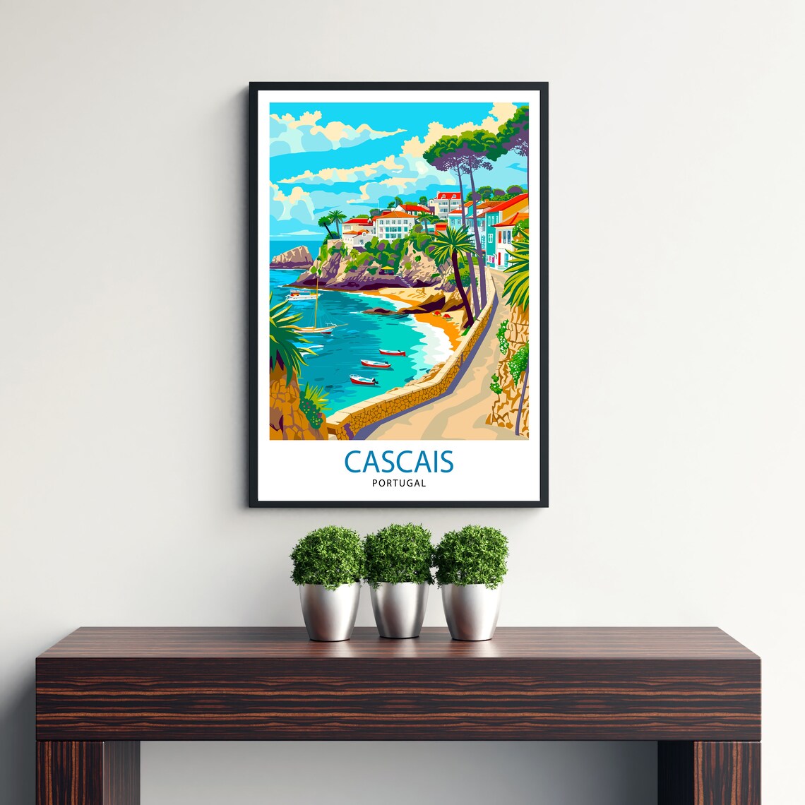 Cascais Portugal Rocky Cove Boats Palm Promenade Travel Poster - Image 3