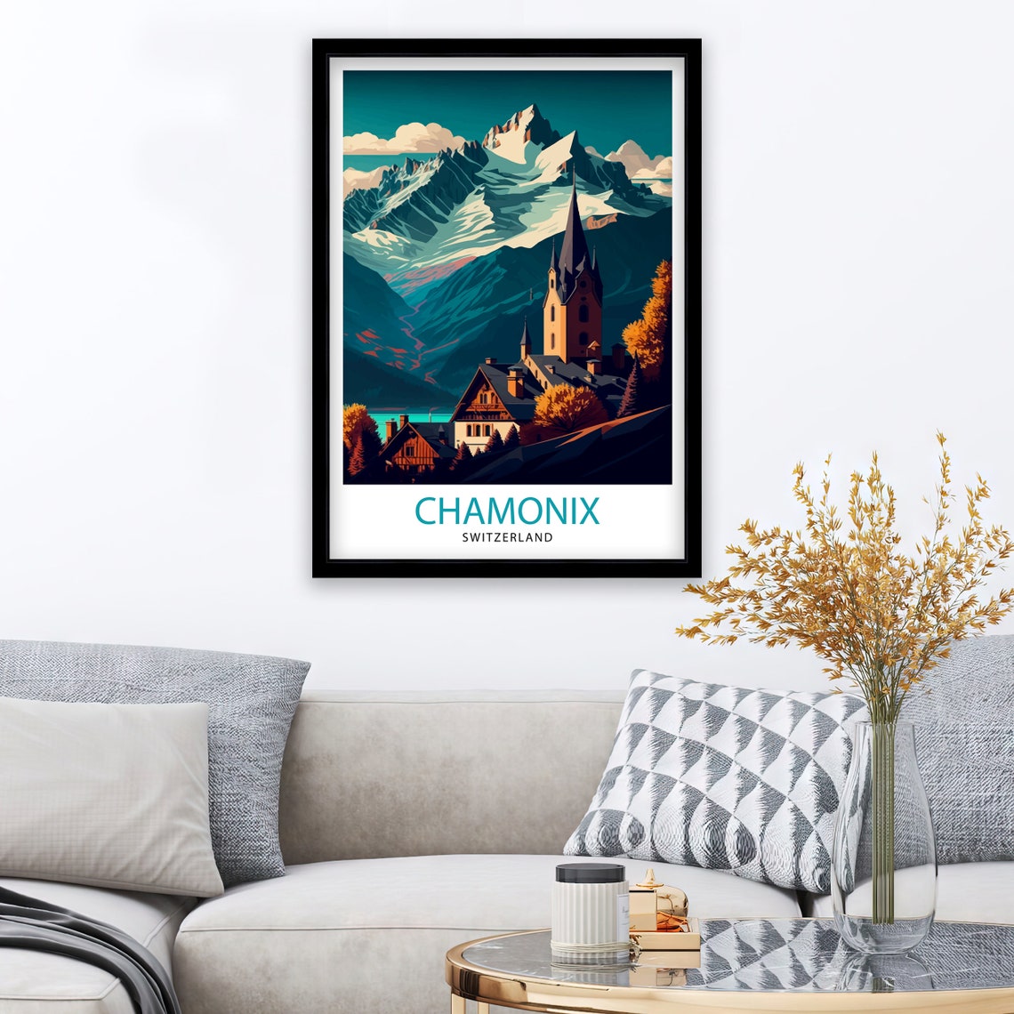 Chamonix Switzerland Snowy Peaks Mountain Church Autumn Travel Poster - Image 2