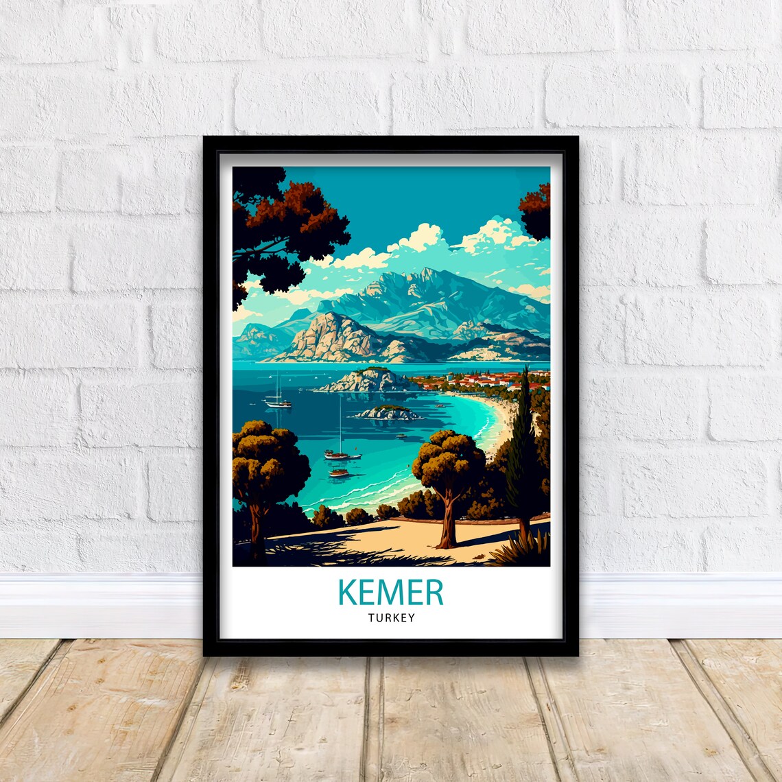Kemer Turkey Turquoise Bay Boats Mountain Coast Travel Poster - Image 2