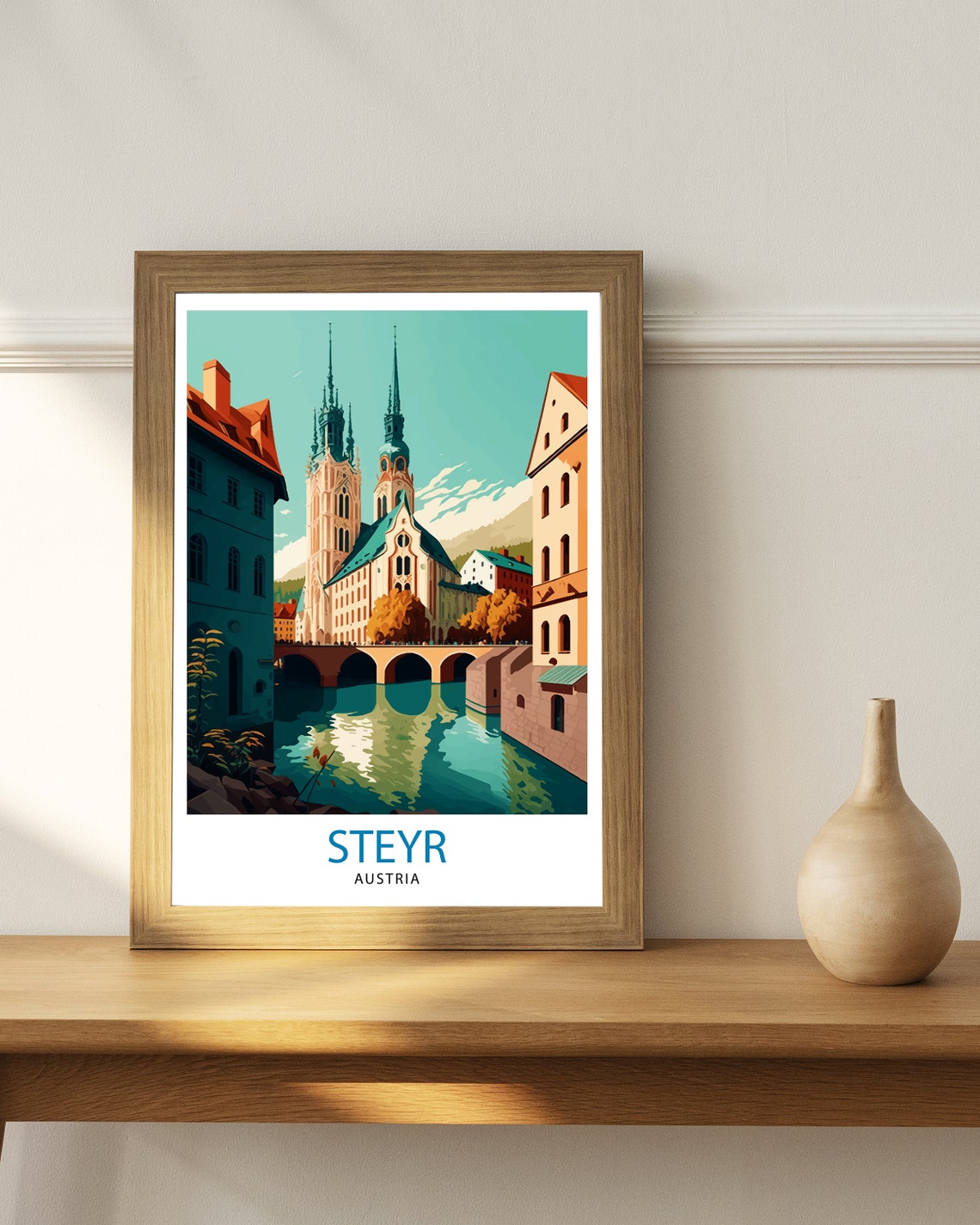 Steyr Austria Twin Spire Church River Bridge Old Town Poster - Image 3