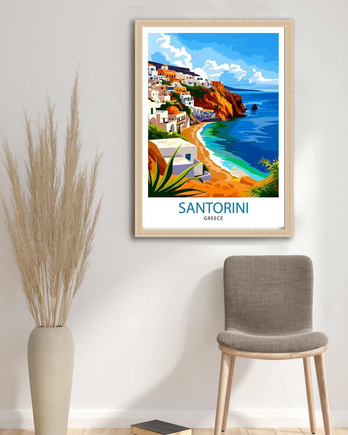 Santorini Greece Cliffside White Houses Beach Blue Sea Travel Poster - Image 2