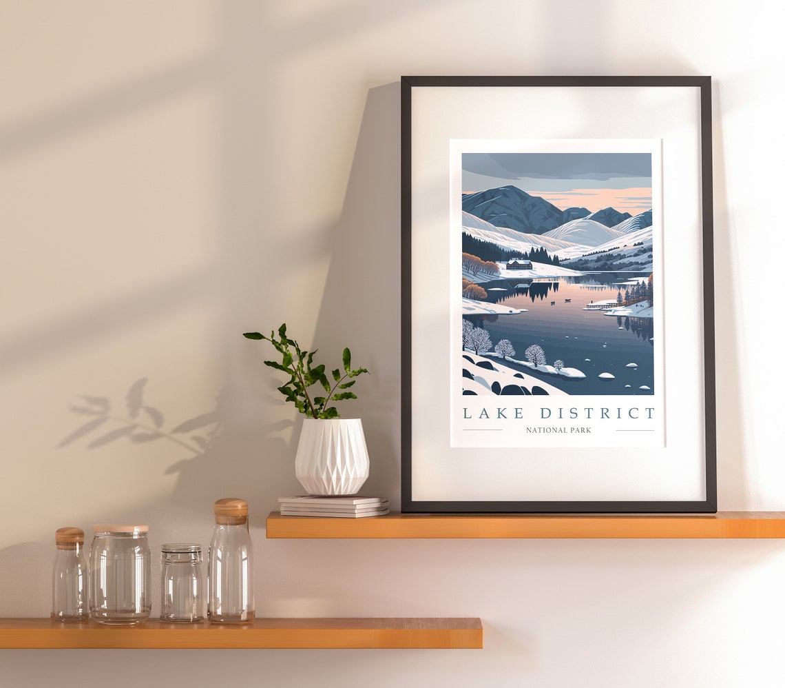 Lake District National Park Winter Sunset over a Snowy Lake Poster - Image 2