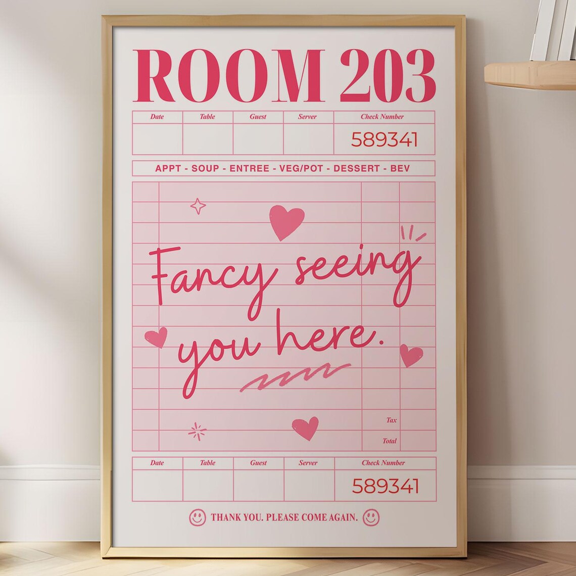 Fancy Seeing You Here Pink Guest Check Room 203 Retro Poster