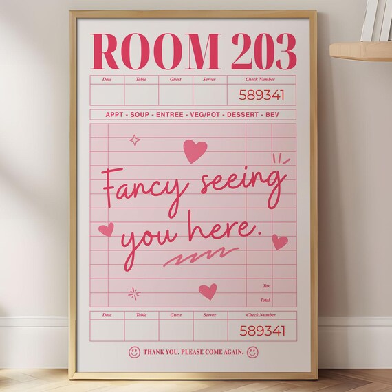 Fancy Seeing You Here Pink Guest Check Room 203 Retro Poster
