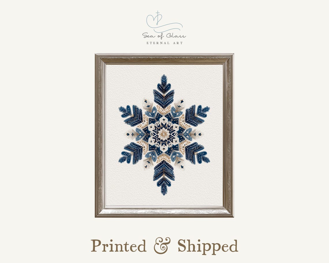 Blue Gold Decorative Snowflake Poster Nordic Winter Holiday Decor