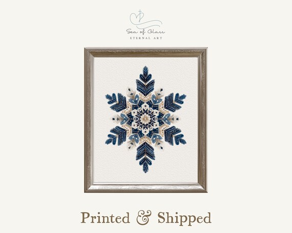 Blue Gold Decorative Snowflake Poster Nordic Winter Holiday Decor