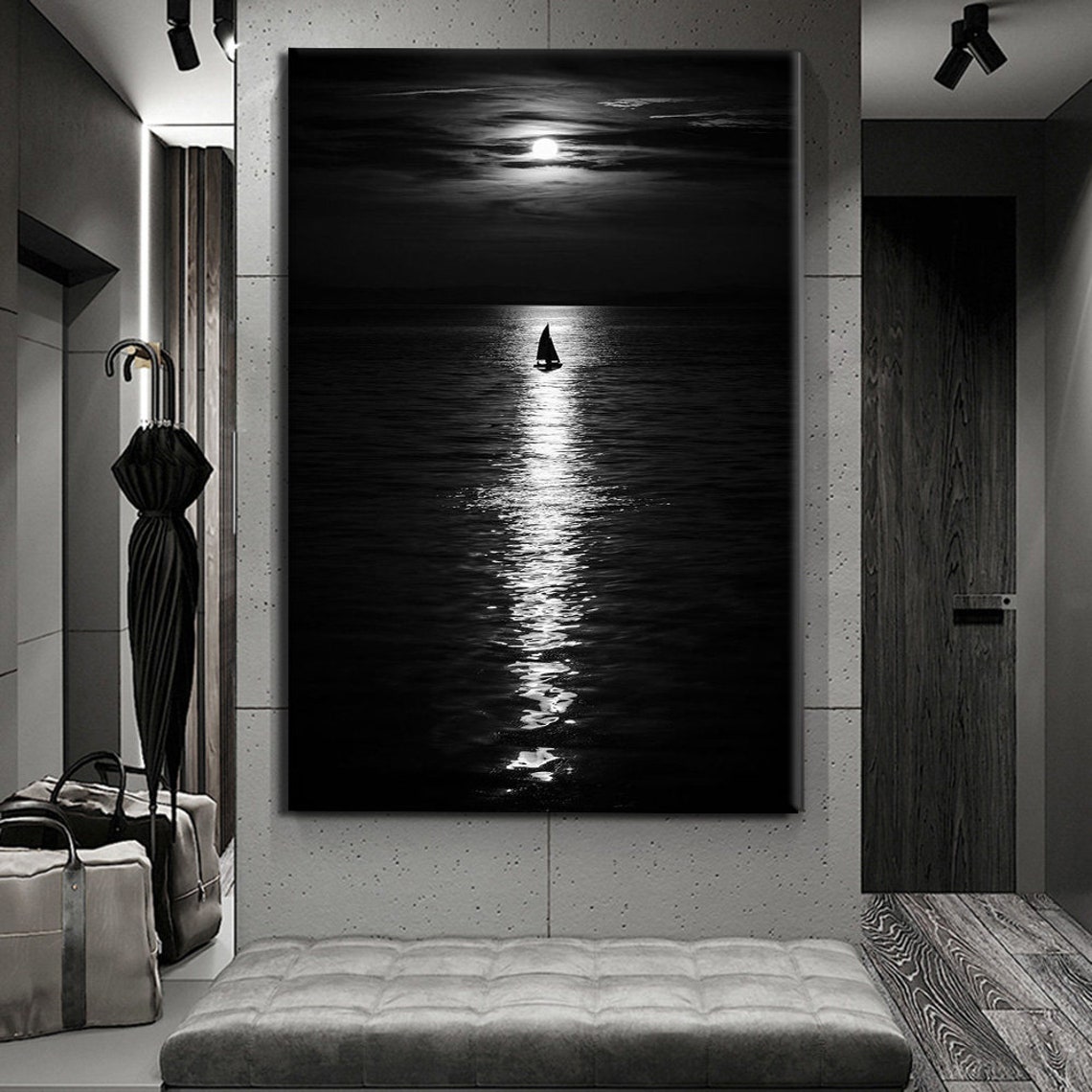 Moonlit Ocean Sailboat Black White Night Sea Landscape Wall Art Print - Image 4