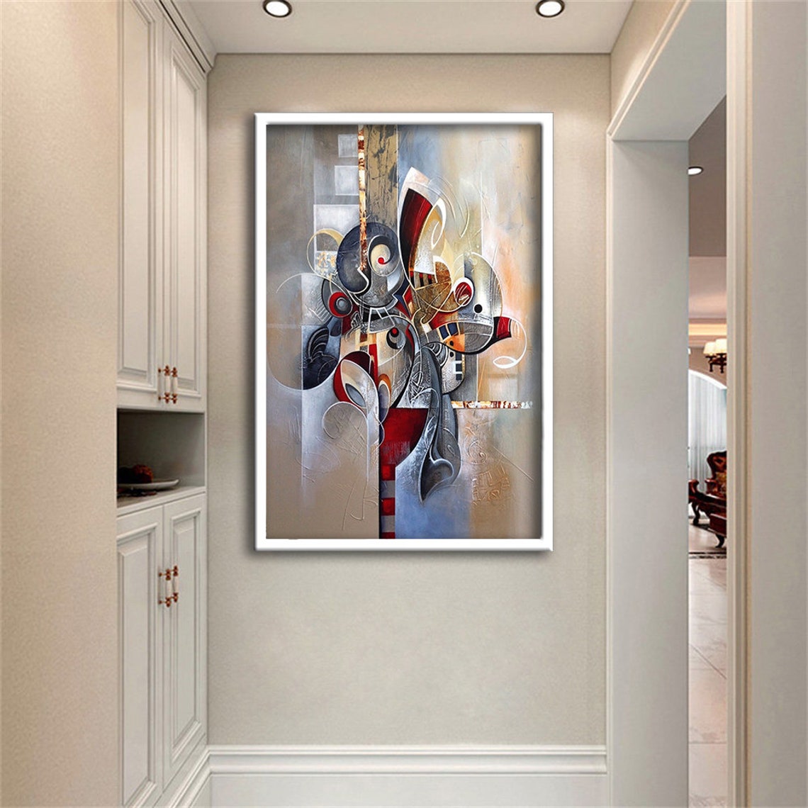 Abstract Geometric Red Gray Modern Art Cubist Style Wall Poster - Image 2