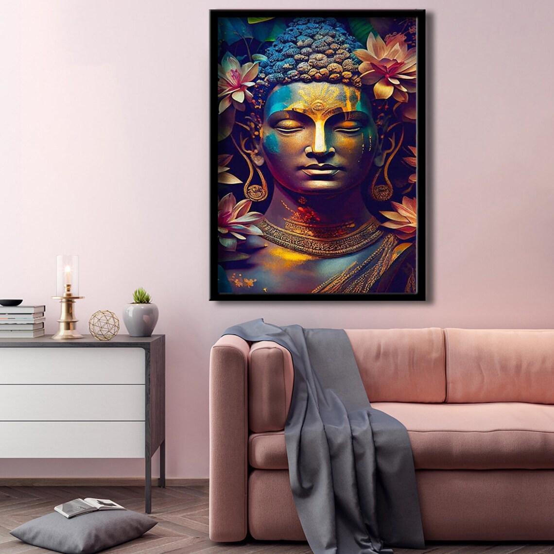 Colorful Buddha Head Lotus Flowers Vibrant Zen Spiritual Wall Poster - Image 2