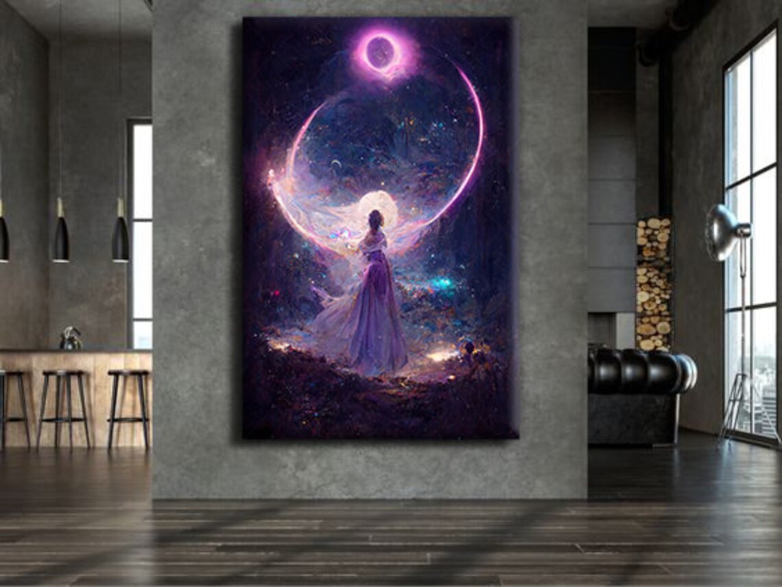 Woman Gazing Cosmic Moon Purple Galaxy Dreamscape Fantasy Surreal Art Poster - Image 2