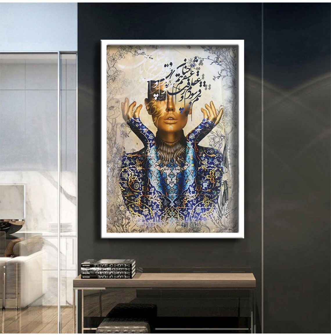 Arabian Woman Persian Calligraphy Face Blue Ornate Dress Art - Image 2