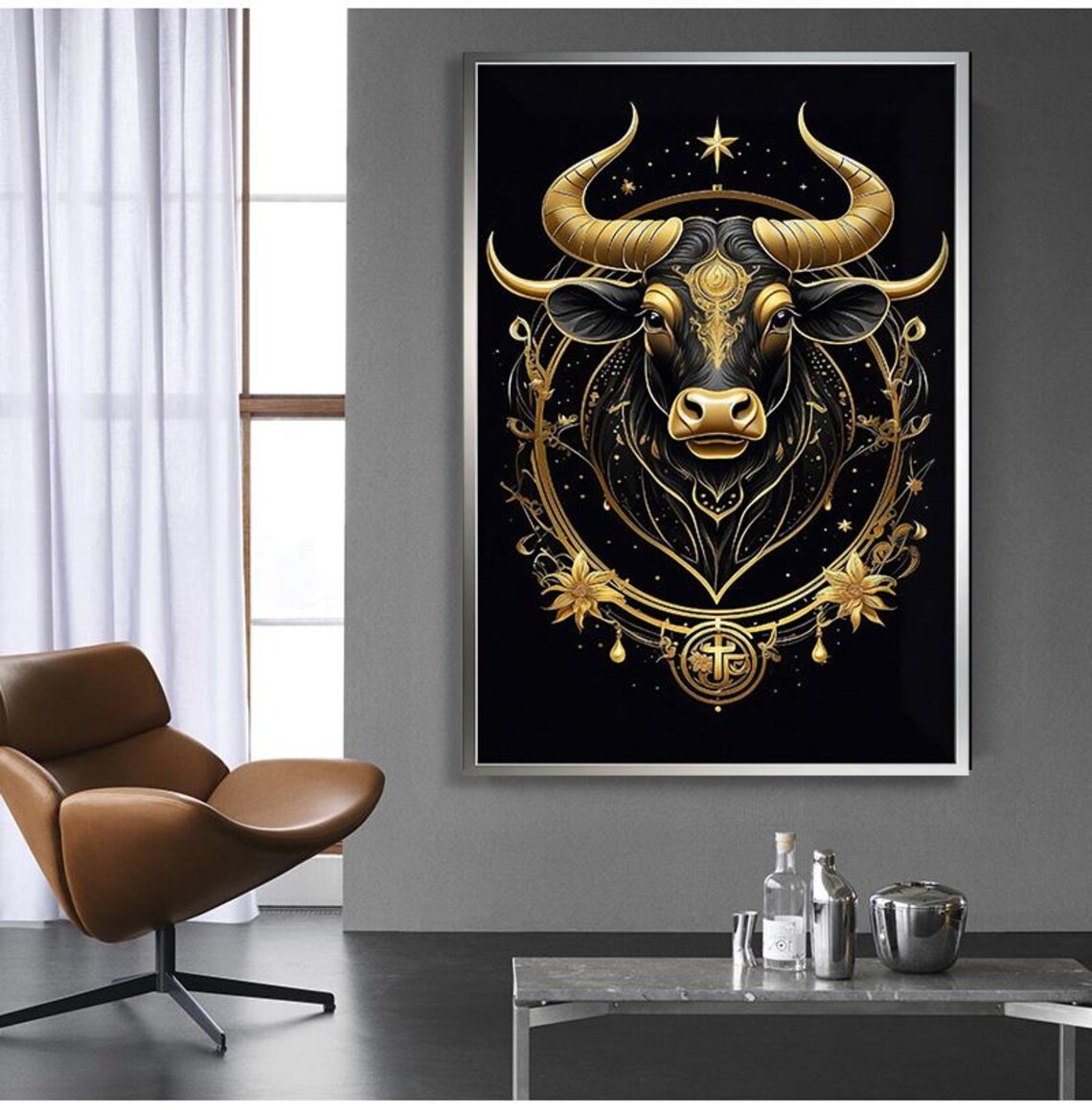 Golden Bull Head Ornate Celestial Black Gold Luxury Animal Wall Poster - Image 4