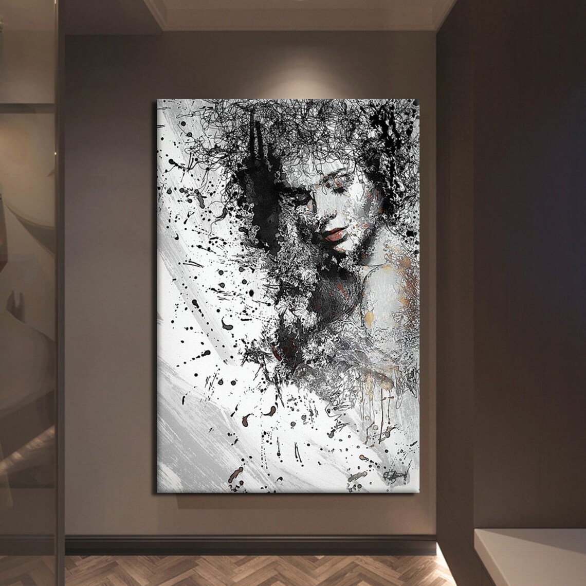 Black White Ink Splatter Woman Portrait Abstract Modern Art Print - Image 2