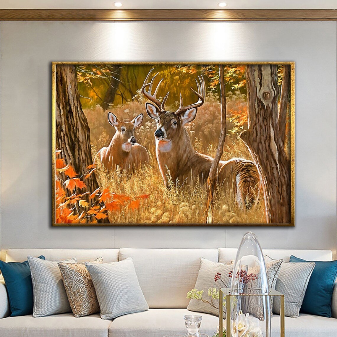 Whitetail Deer Buck And Doe In Golden Autumn Forest Wildlife Poster