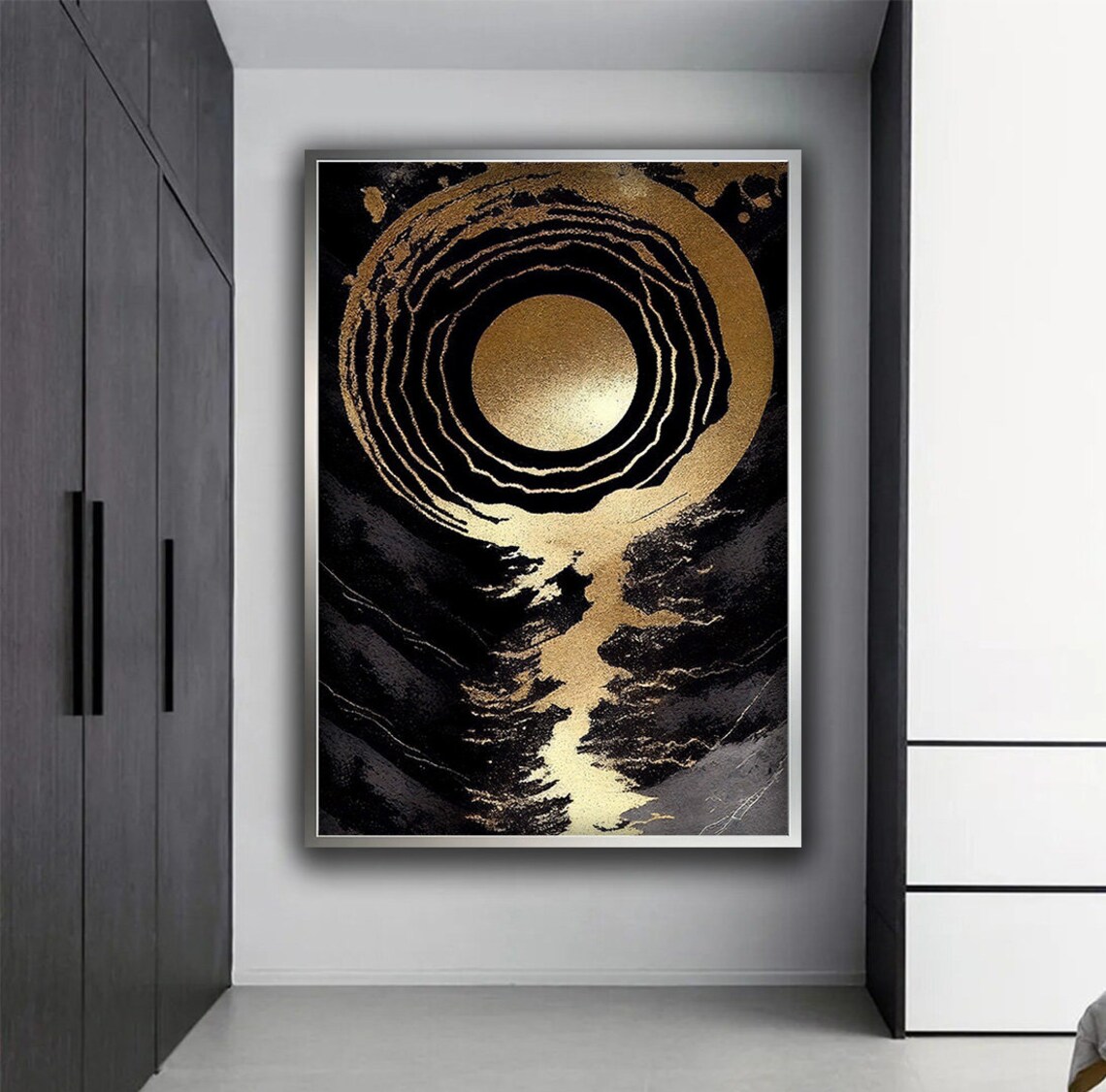 Golden Full Moon Over Black Marble Abstract Golden River Wall Art - Image 4