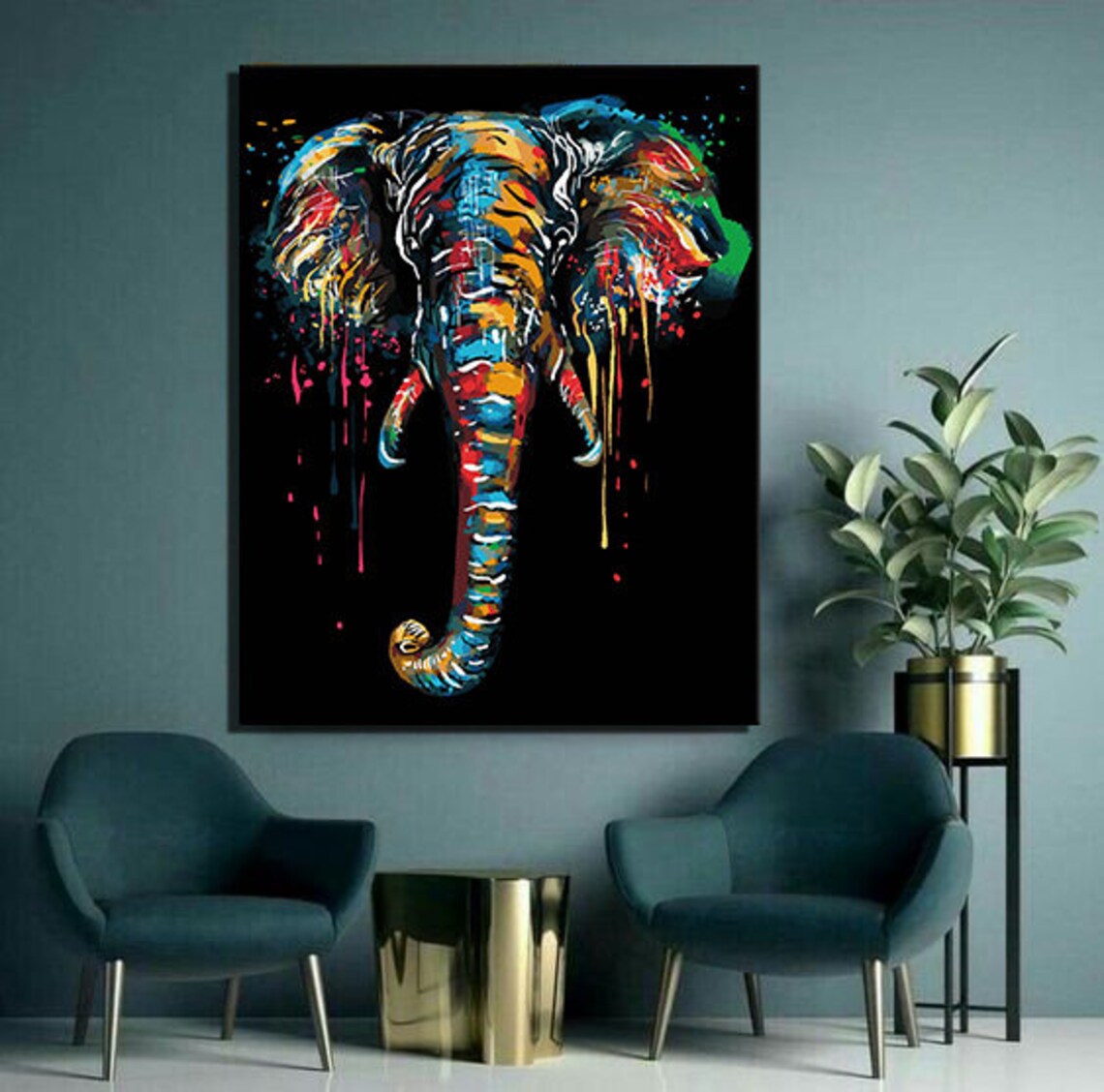 Colorful Elephant Head Paint Drips Black Background Animal Art Print - Image 2